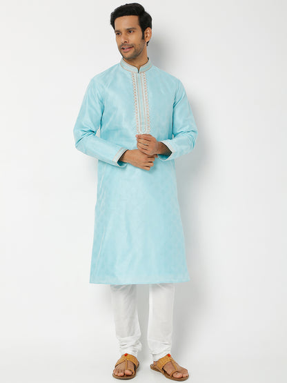 Men's Blue Polyester Cotton Printed Kurta Churidar Sets