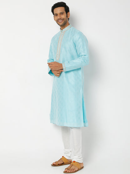 Men's Blue Polyester Cotton Printed Kurta Churidar Sets