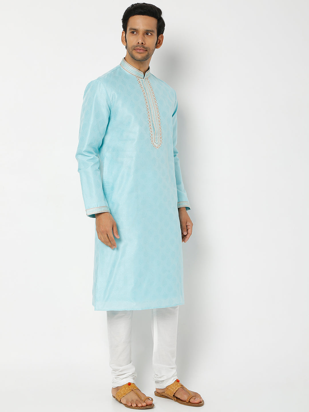 Men's Blue Polyester Cotton Printed Kurta Churidar Sets