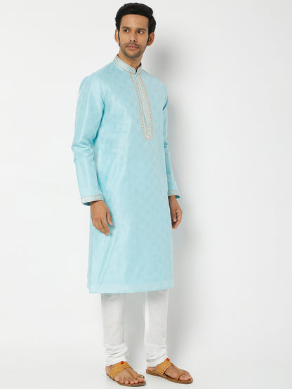 Men's Blue Polyester Cotton Printed Kurta Churidar Sets
