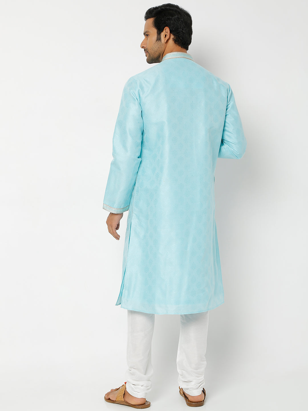 Men's Blue Polyester Cotton Printed Kurta Churidar Sets