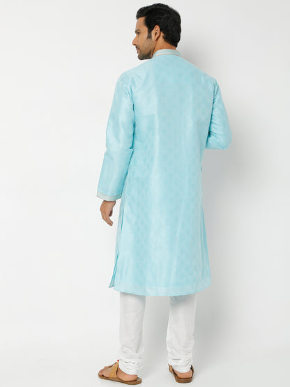 Men's Blue Polyester Cotton Printed Kurta Churidar Sets