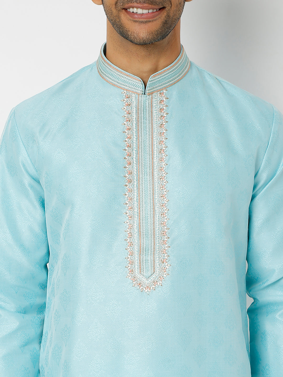 Men's Blue Polyester Cotton Printed Kurta Churidar Sets