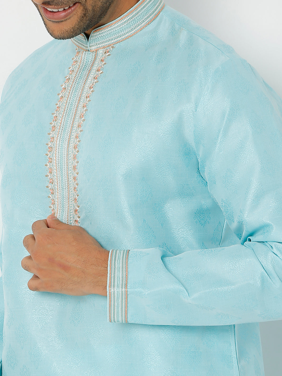 Men's Blue Polyester Cotton Printed Kurta Churidar Sets