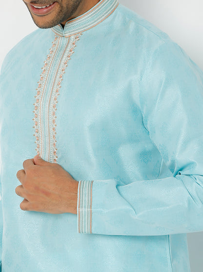 Men's Blue Polyester Cotton Printed Kurta Churidar Sets