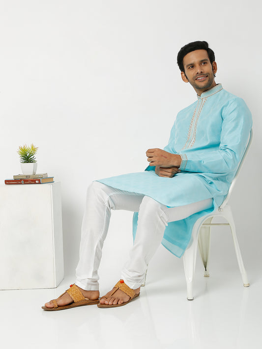 Men's Blue Polyester Cotton Printed Kurta Churidar Sets