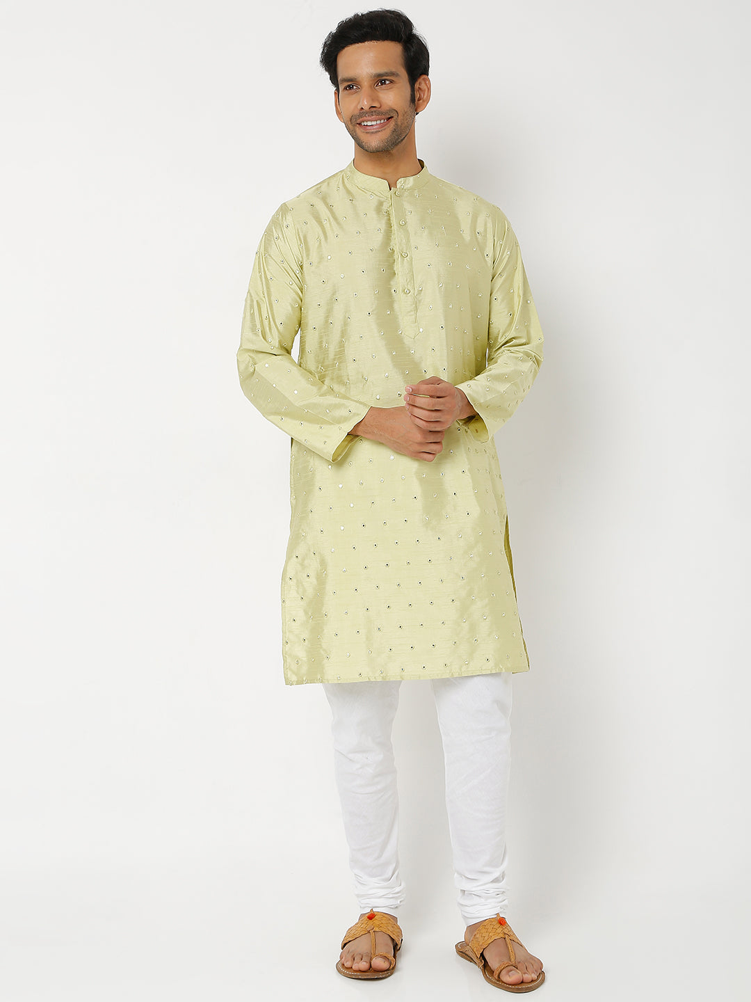 Men's Pista Green Polyester Blend Embroidered Kurta