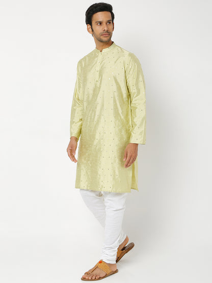 Men's Pista Green Polyester Blend Embroidered Kurta