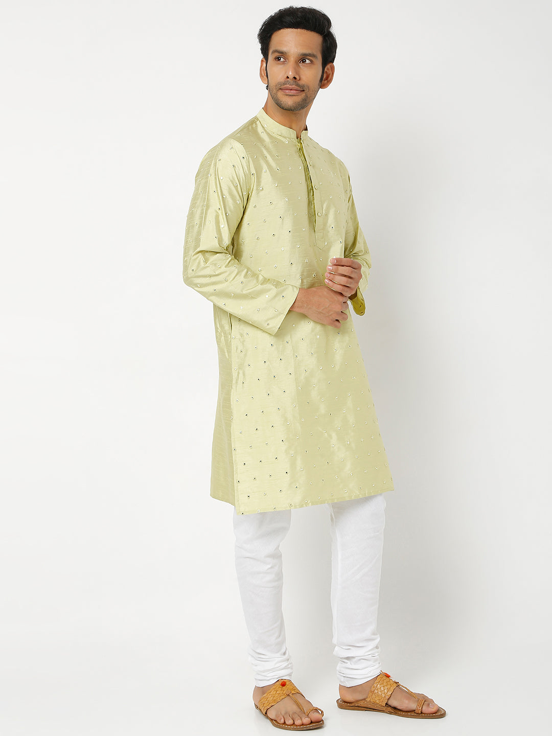 Men's Pista Green Polyester Blend Embroidered Kurta