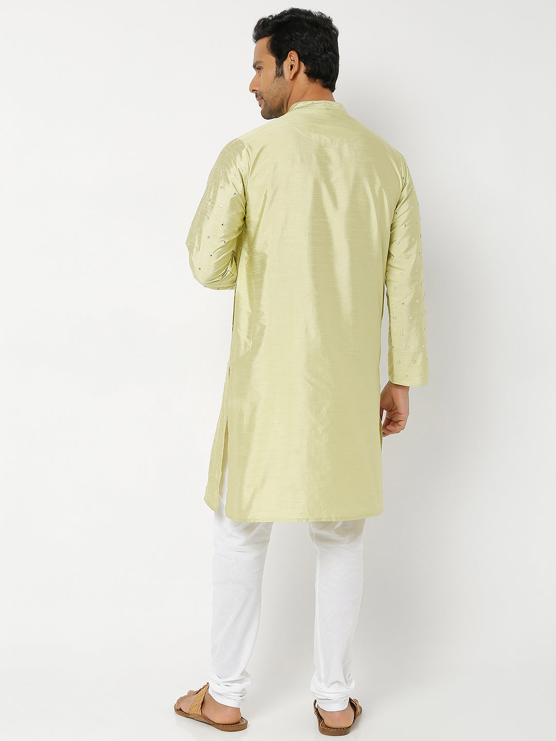 Men's Pista Green Polyester Blend Embroidered Kurta