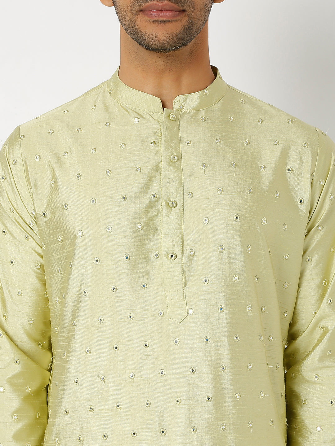 Men's Pista Green Polyester Blend Embroidered Kurta