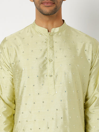 Men's Pista Green Polyester Blend Embroidered Kurta