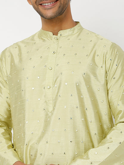 Men's Pista Green Polyester Blend Embroidered Kurta