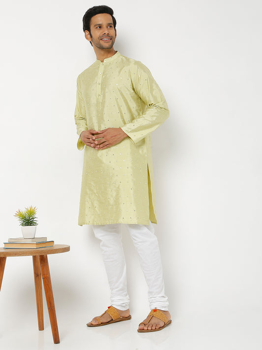 Men's Pista Green Polyester Blend Embroidered Kurta