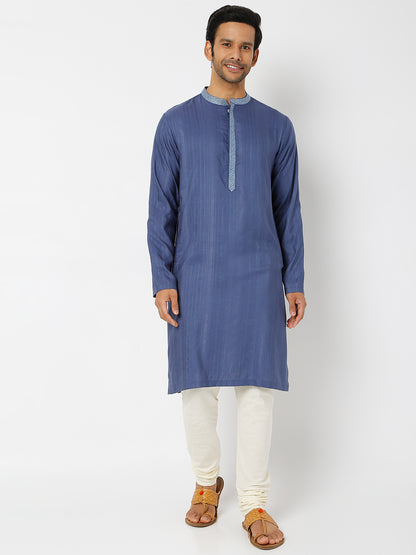 Men's Blue Viscose Blend Embroidered Kurta