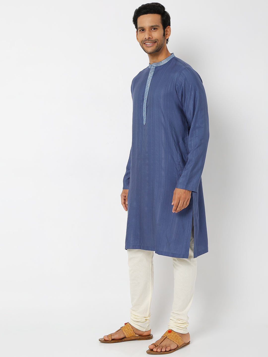 Men's Blue Viscose Blend Embroidered Kurta
