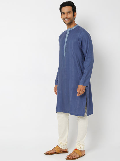 Men's Blue Viscose Blend Embroidered Kurta