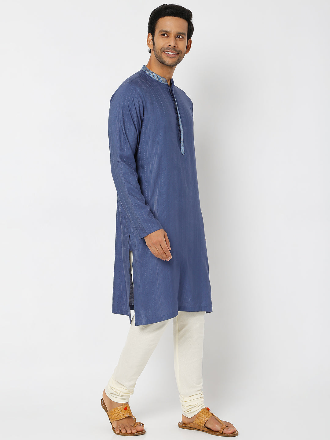 Men's Blue Viscose Blend Embroidered Kurta