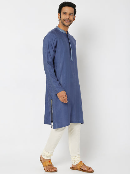 Men's Blue Viscose Blend Embroidered Kurta
