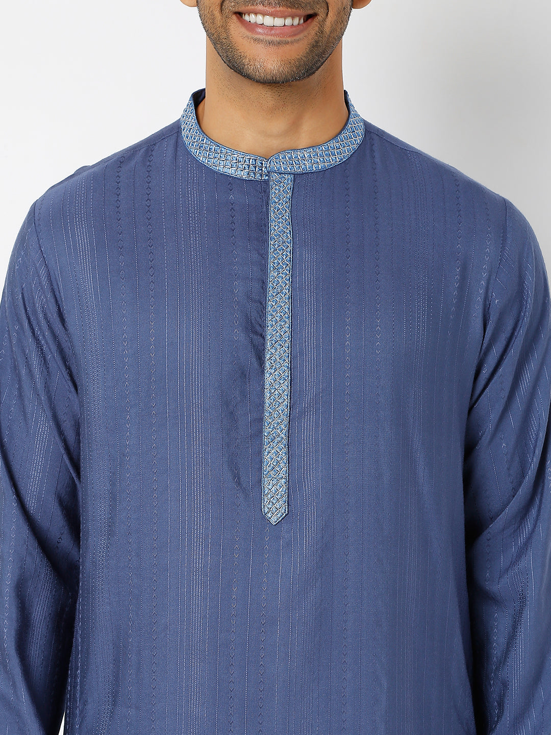 Men's Blue Viscose Blend Embroidered Kurta
