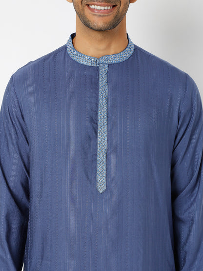 Men's Blue Viscose Blend Embroidered Kurta