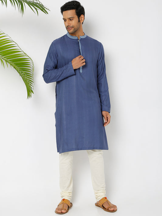 Men's Blue Viscose Blend Embroidered Kurta
