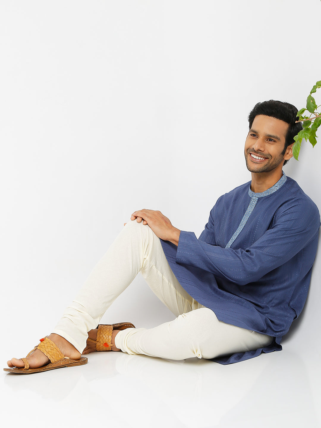 Men's Blue Viscose Blend Embroidered Kurta