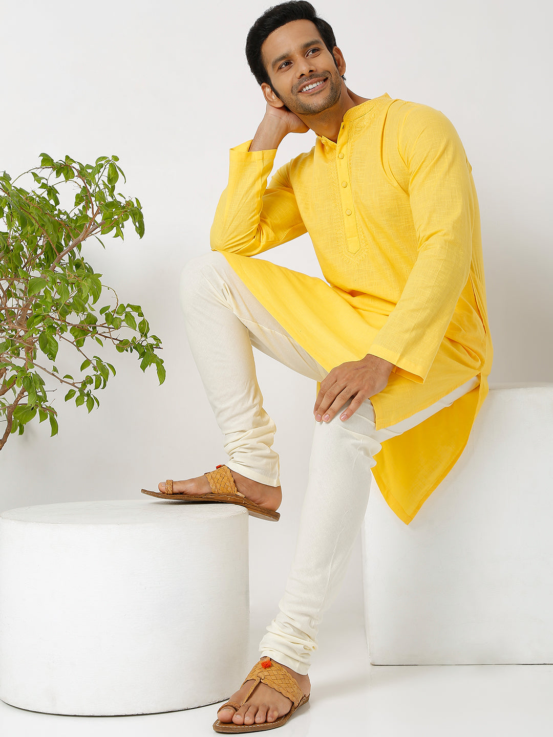Men's Off White Poplin Solid Churidar