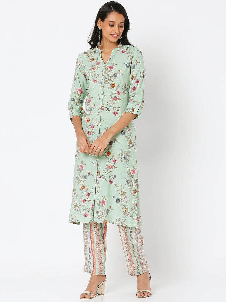 Women's Light Green Viscose Blend Printed Kurta & Palazzo Sets