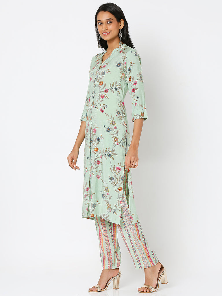 Women's Light Green Viscose Blend Printed Kurta & Palazzo Sets