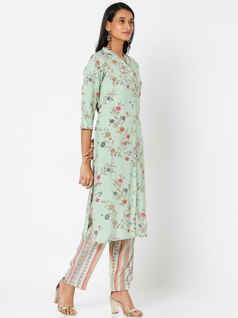 Women's Light Green Viscose Blend Printed Kurta & Palazzo Sets
