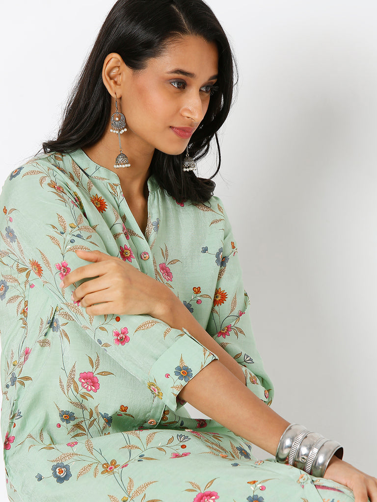 Women's Light Green Viscose Blend Printed Kurta & Palazzo Sets