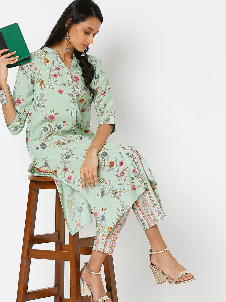 Women's Light Green Viscose Blend Printed Kurta & Palazzo Sets