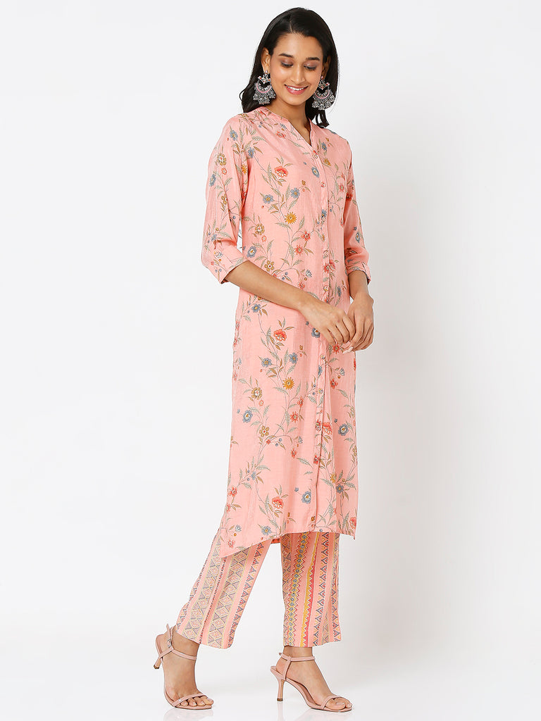 Women's Peach Viscose Blend Printed Kurta & Palazzo Sets