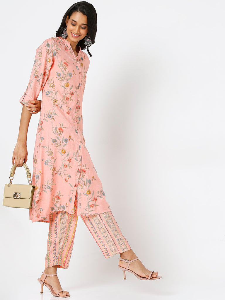 Women's Peach Viscose Blend Printed Kurta & Palazzo Sets