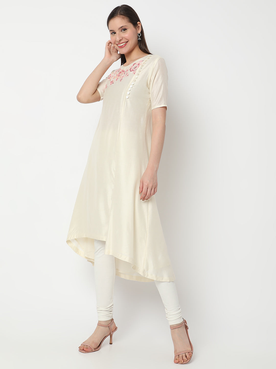 Nylangan Women's Off White Viscose Blend Embroidered Kurta