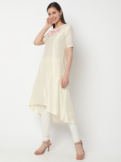 Nylangan Women's Off White Viscose Blend Embroidered Kurta