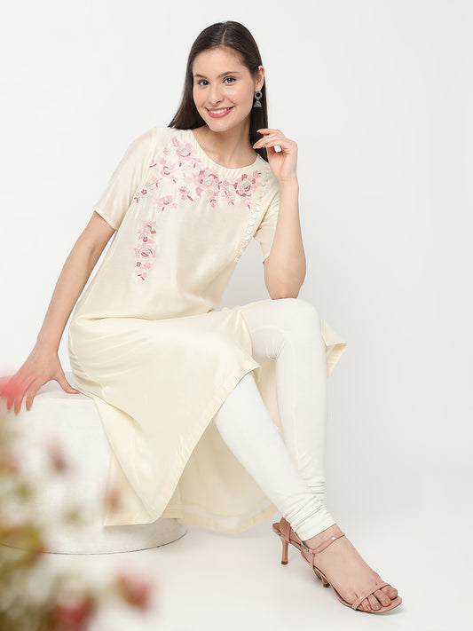 Nylangan Women's Off White Viscose Blend Embroidered Kurta