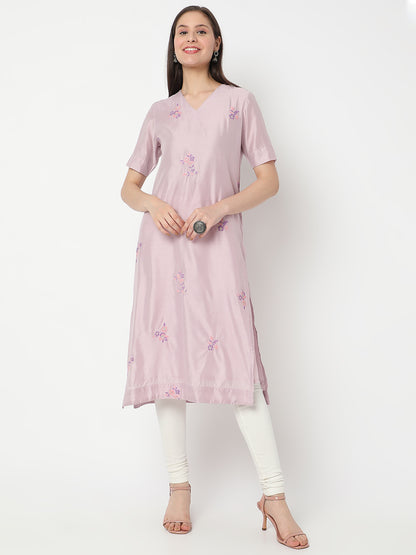 Nylangan Women's Lilac Viscose Blend Embroidered Kurta