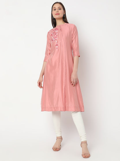 Nylangan Women's Peach Viscose Blend Embroidered Kurta