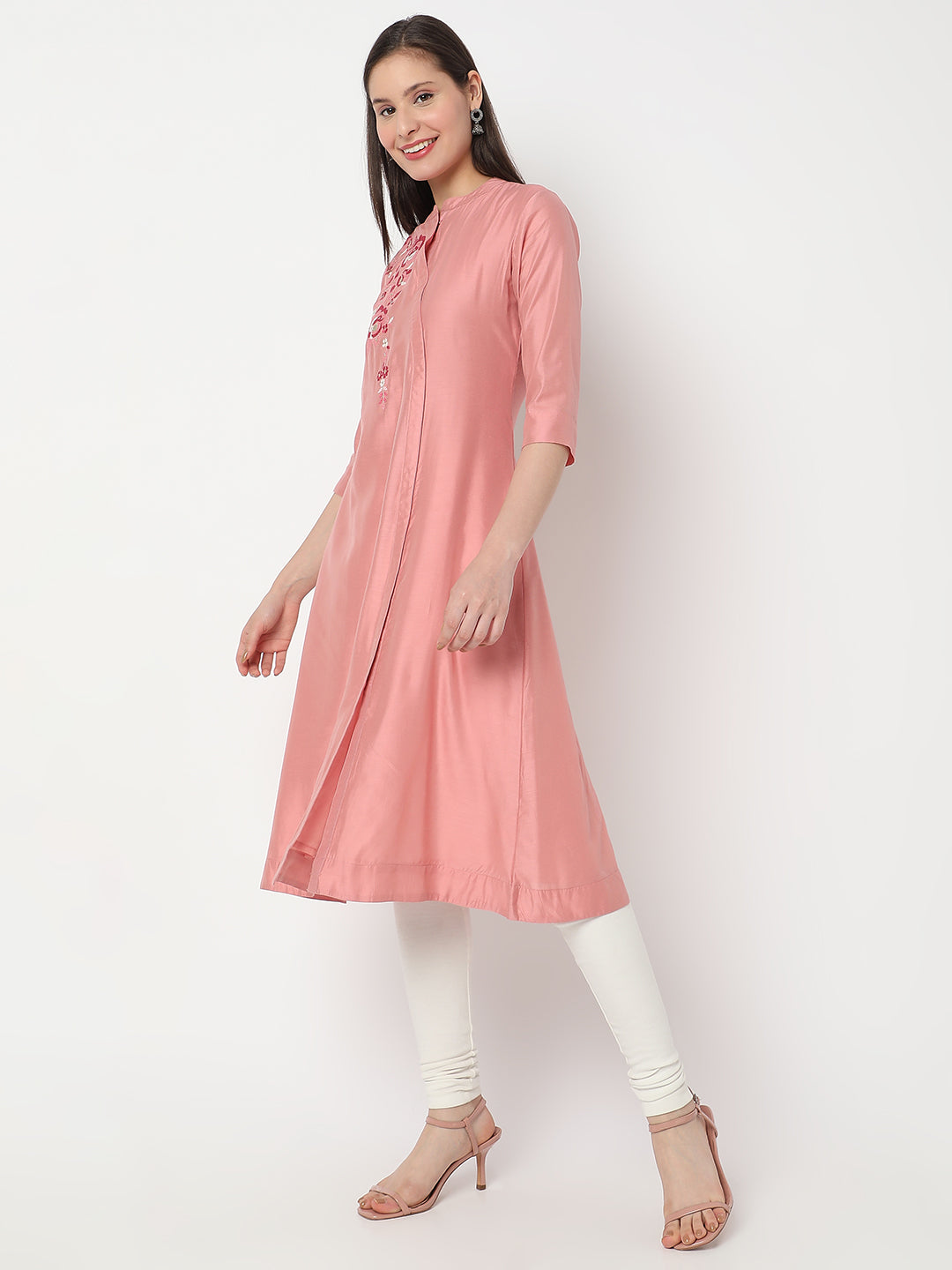 Nylangan Women's Peach Viscose Blend Embroidered Kurta