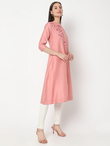 Nylangan Women's Peach Viscose Blend Embroidered Kurta