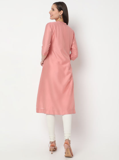 Nylangan Women's Peach Viscose Blend Embroidered Kurta