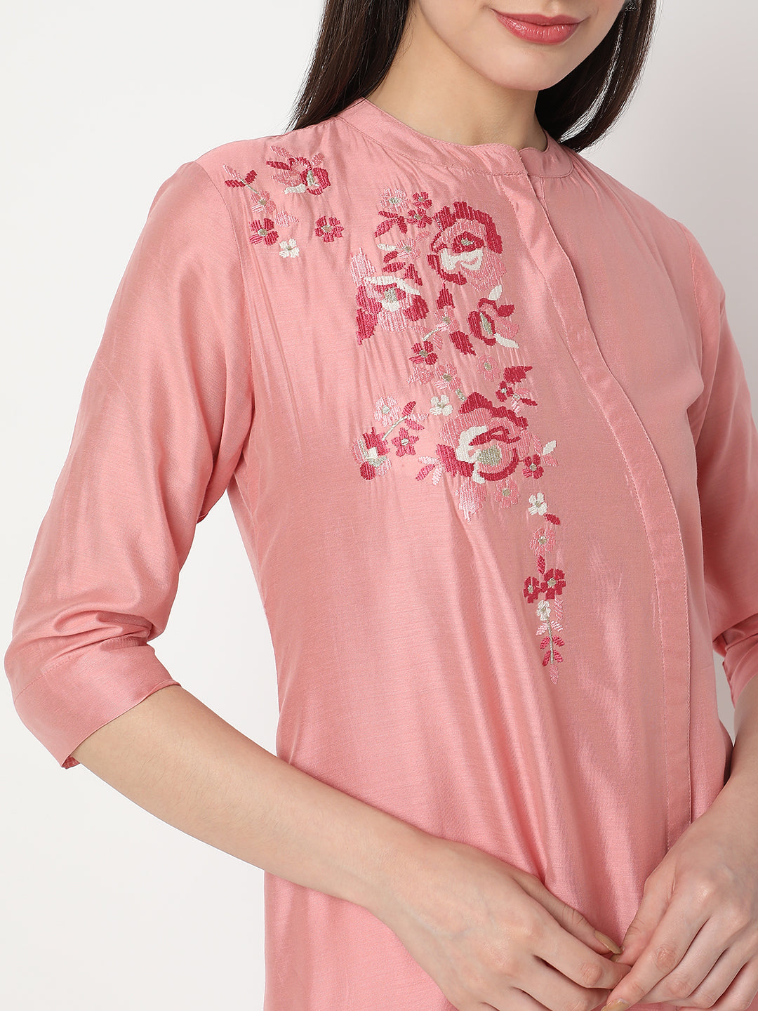 Nylangan Women's Peach Viscose Blend Embroidered Kurta