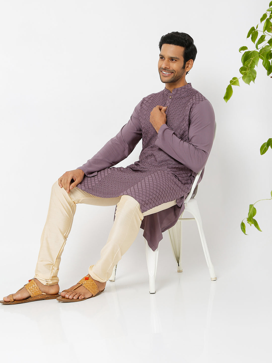 Men's Beige Polyster Blend Solid Churidar