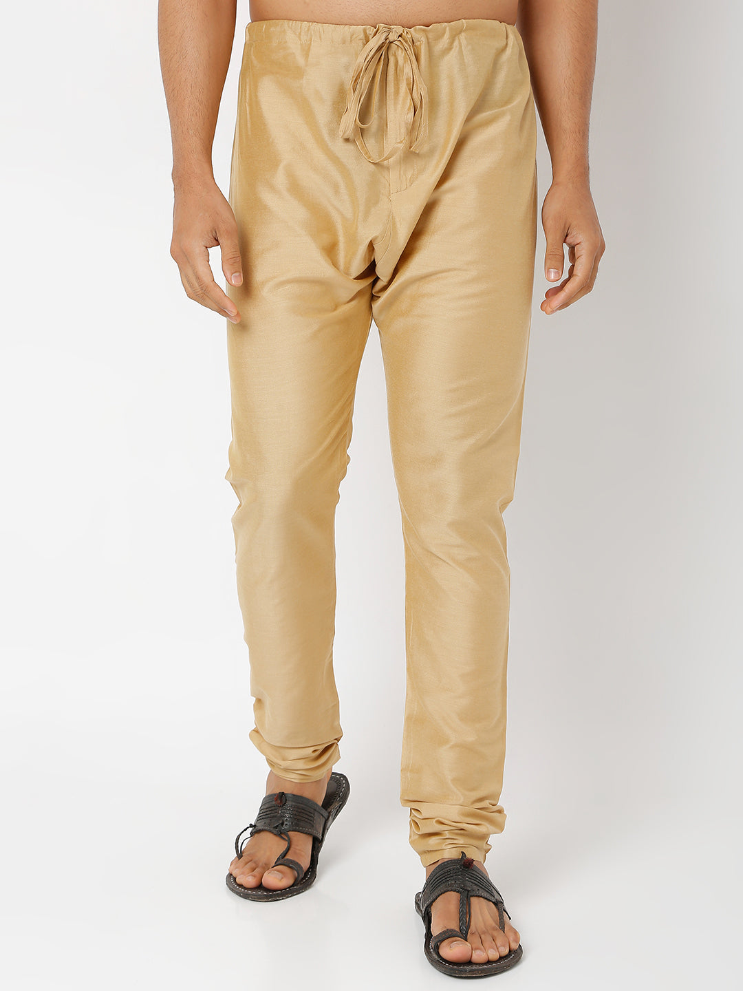 Men's Gold Polyster Blend Solid Churidar