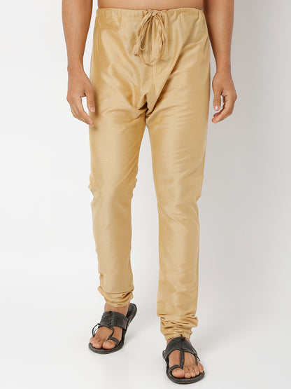Men's Gold Polyster Blend Solid Churidar
