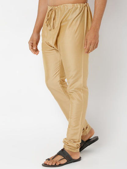 Men's Gold Polyster Blend Solid Churidar