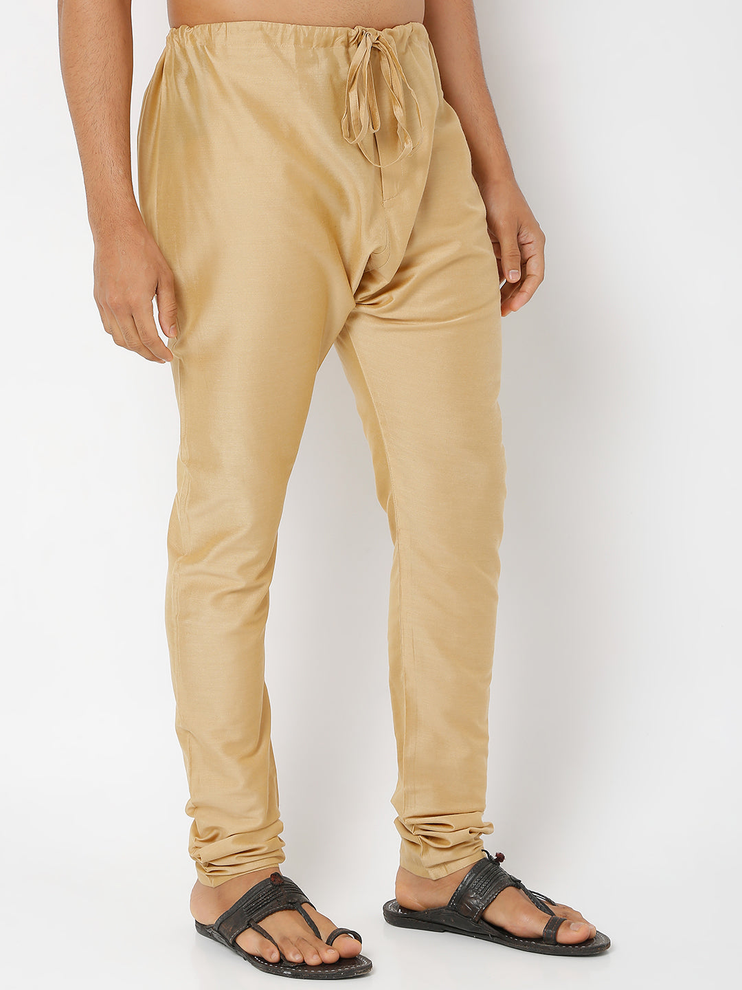 Men's Gold Polyster Blend Solid Churidar