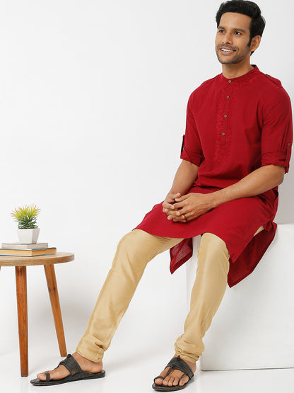 Men's Gold Polyster Blend Solid Churidar